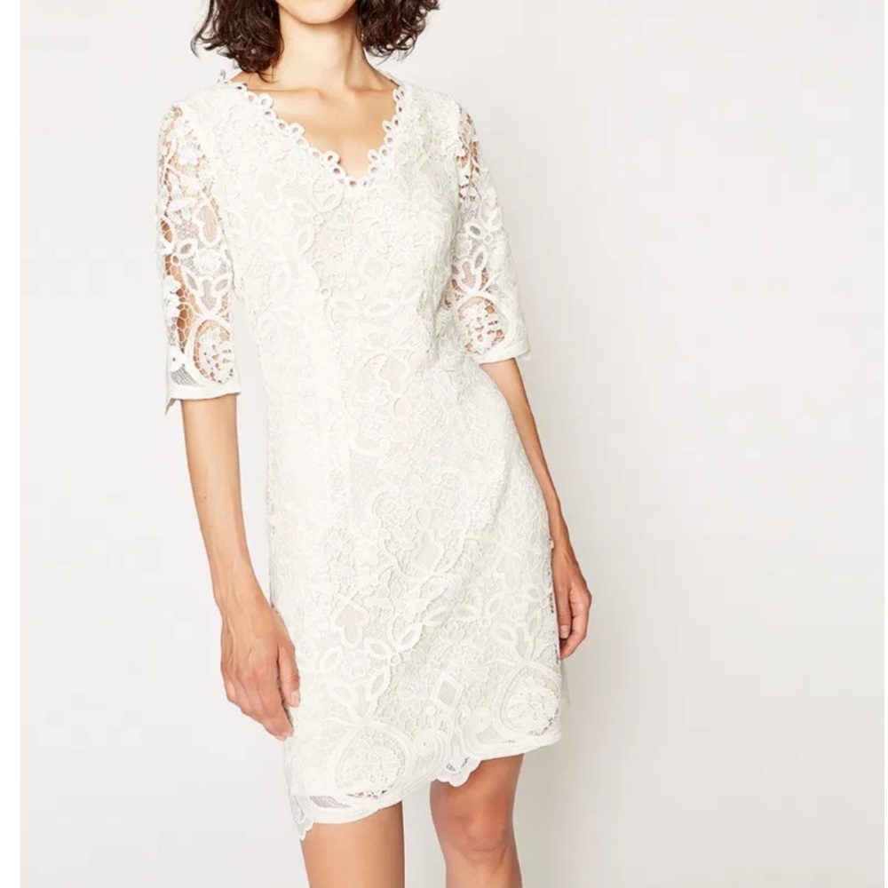 The Kooples Paris White Floral Lace V-Neck Illusion Sleeve Mini Dress Size XS